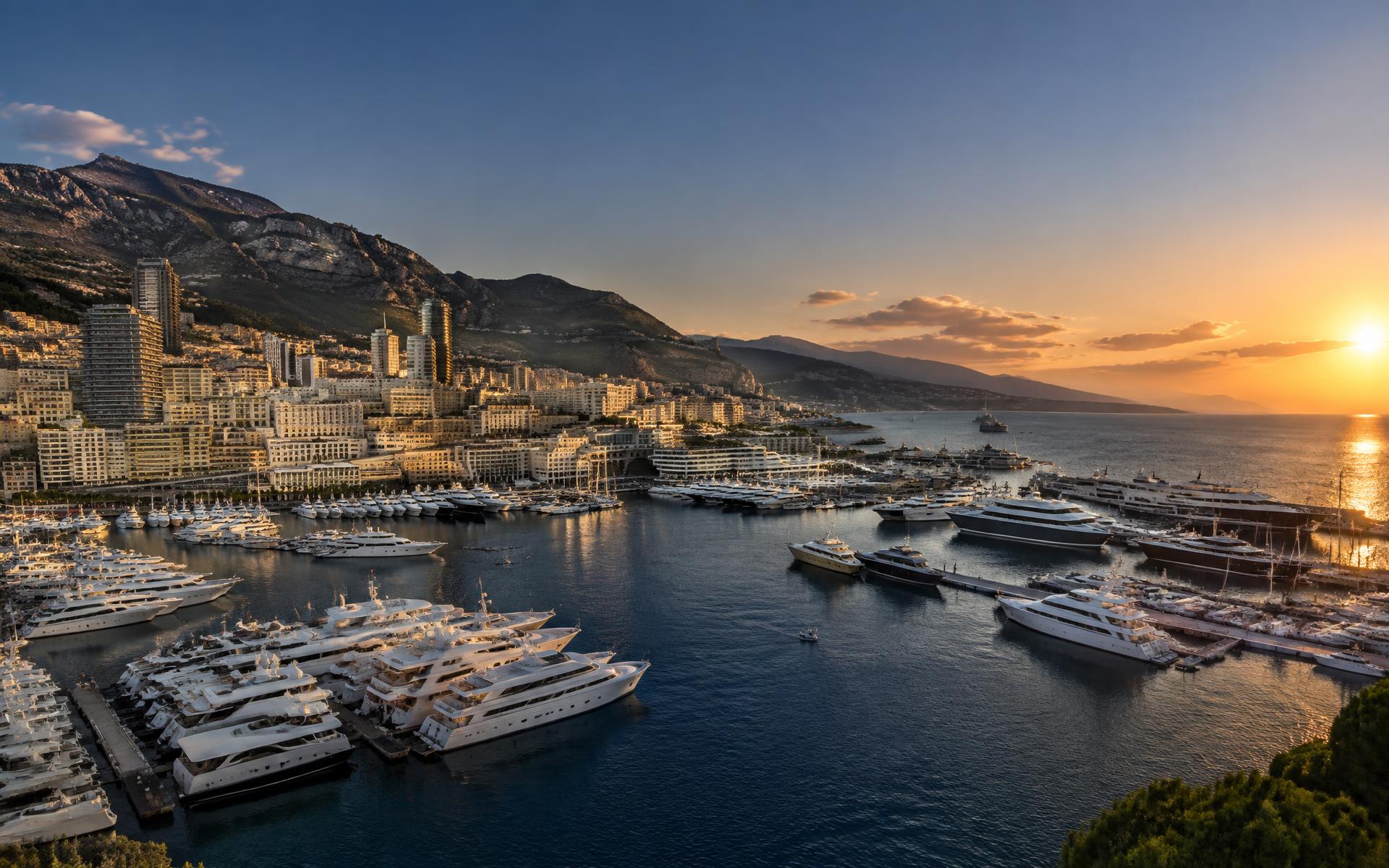Port Hercule i Monaco fyllt med yachter i solnedgång
